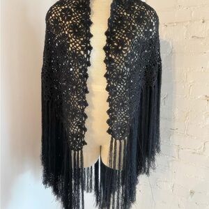 Saks Fifth Avenue Black Crochet Fringe Shawl